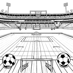Futuristisches Fußballfeld mit actionreichen Bällen Ausmalmotiv für kleine Sportskanonen