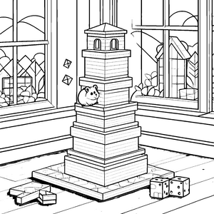 Hamster auf buntem Holzblock Turm Ausmalbild für neugierige Tierfreunde