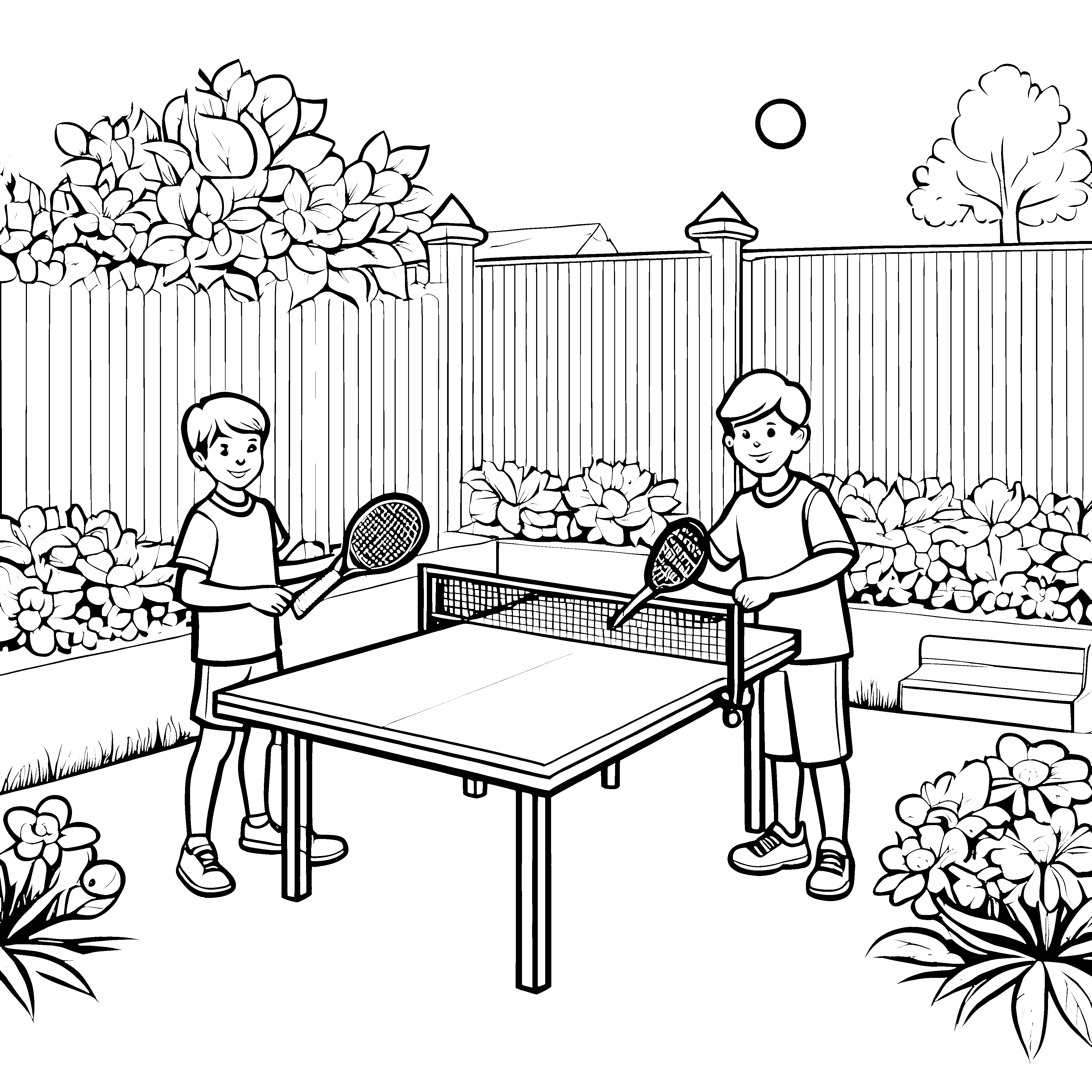 Freundliche Tischtennisschläger bei sonnigem Spiel Ausmalvorlage für aktive Spaßmacher