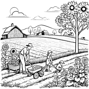 Familie erntet fröhlich im blühenden Feld Ausmalvorlage für kleine Naturfreunde