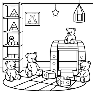 Teddybären im Spielzimmer mit bunten Blöcken Ausmalvorlage für kleine Baumeister