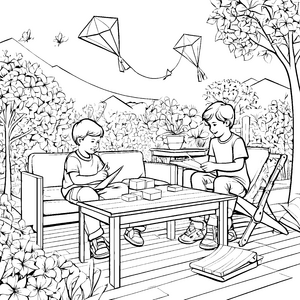 Bezaubernder Couchtisch im blühenden Garten Ausmalvorlage für kleine Künstler