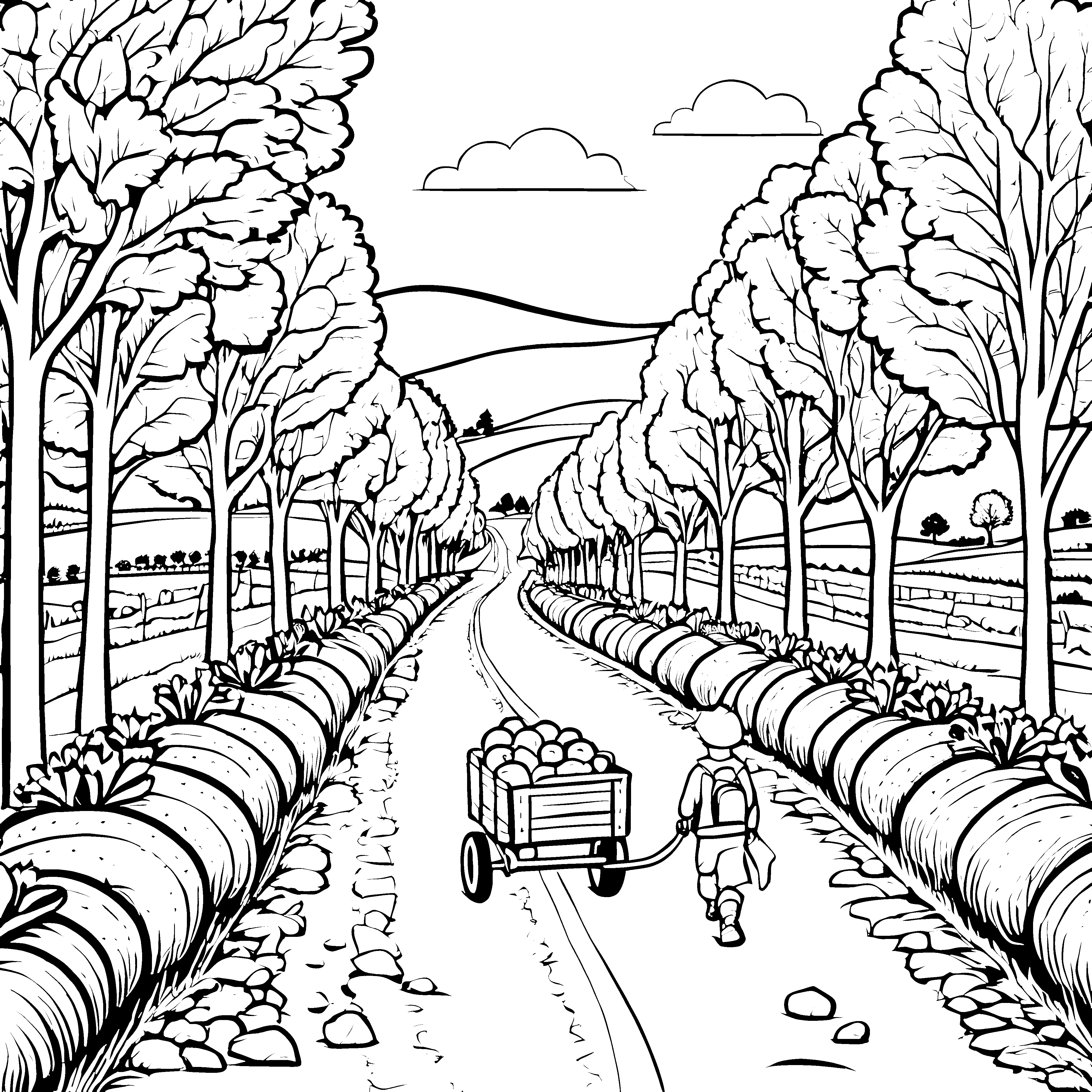 Faszinierende Landstraße mit fröhlichem Bauernwagen Ausmalvorlage für kleine Naturfreunde