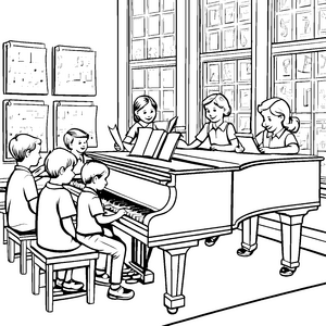 Fröhliche Kinder musizieren am großen Klavier Ausmalbild für talentierte Künstler