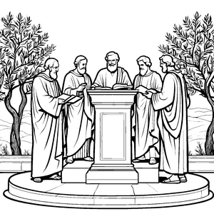 Weise Philosophen im lebhaften Dialog Ausmalbild für neugierige Denker