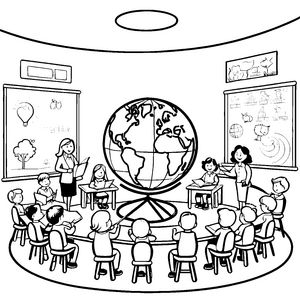 Lehrreicher Globus im spannenden Klassenraum Ausmalmotiv für neugierige Wissenshungrige