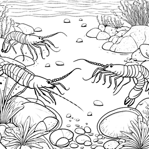 Neugierige Garnelen unter Wasser Ausmalbild für kleine Entdecker