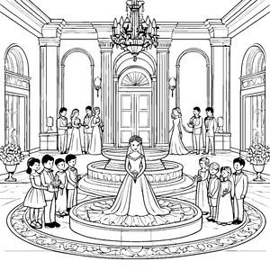 Elegantes Hochzeitskleid auf festlichem Podest Ausmalvorlage für liebevolle Feenzeichner