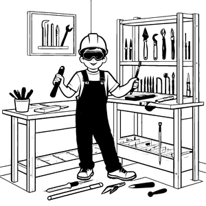 Kreativer Handwerker bei der Werkzeugarbeit Ausmalbild für junge Bastelprofis