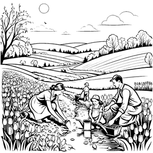 Familie beim bunten Tulpenpflücken Malvorlage für fröhliche Gartenfreunde