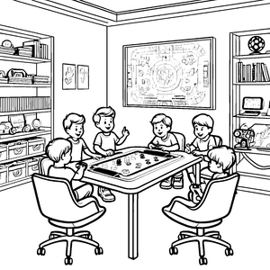 Spaßige Gaming-Runde am Tisch Ausmalvorlage für kreative Spielestrategen