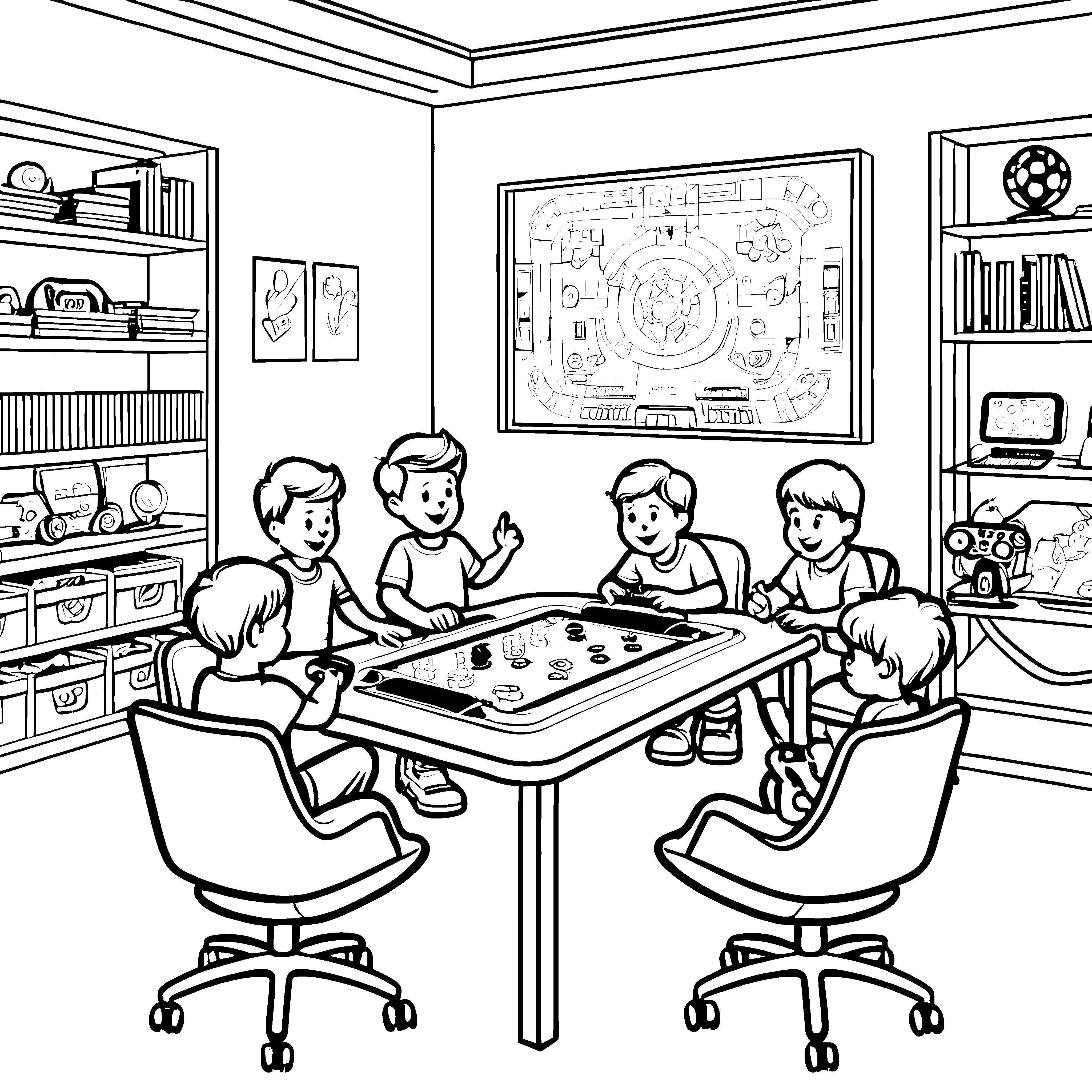 Spaßige Gaming-Runde am Tisch Ausmalvorlage für kreative Spielestrategen
