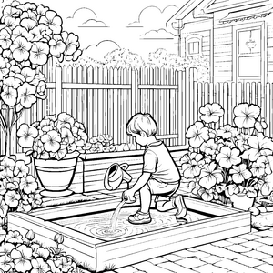 Schöner Blumenkübel mit sprudelndem Garten Wasser Ausmalbild für kleine Pflanzenfreunde