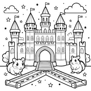 Zwei neugierige Hamster vor märchenhaftem Schloss Ausmalbild für fantasievolle Entdecker