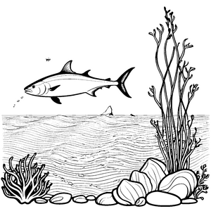 Schwimmender Thunfisch in buntem Unterwasserparadies Ausmalvorlage für kleine Meeresabenteurer