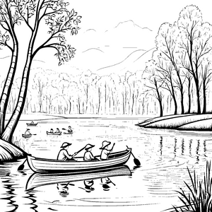 Abenteuerliche Ruderboote auf ruhigem Gewässer Malvorlage für kleine Naturfreunde