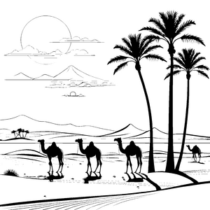 Witzige Kamele auf einer Sanddüne Ausmalvorlage für neugierige Tierfreunde
