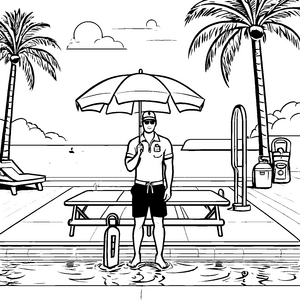 Cooler Bademeister mit Sonnenschirm Malvorlage für entspannte Wasserspaß-Fans