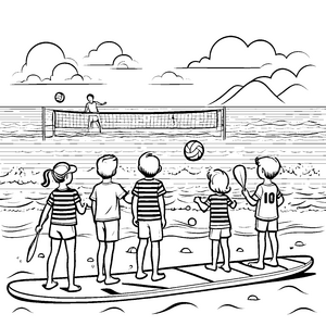 Strandvolleyball-Spiel mit coolen Kids Ausmalmotiv für sportliche Entdecker
