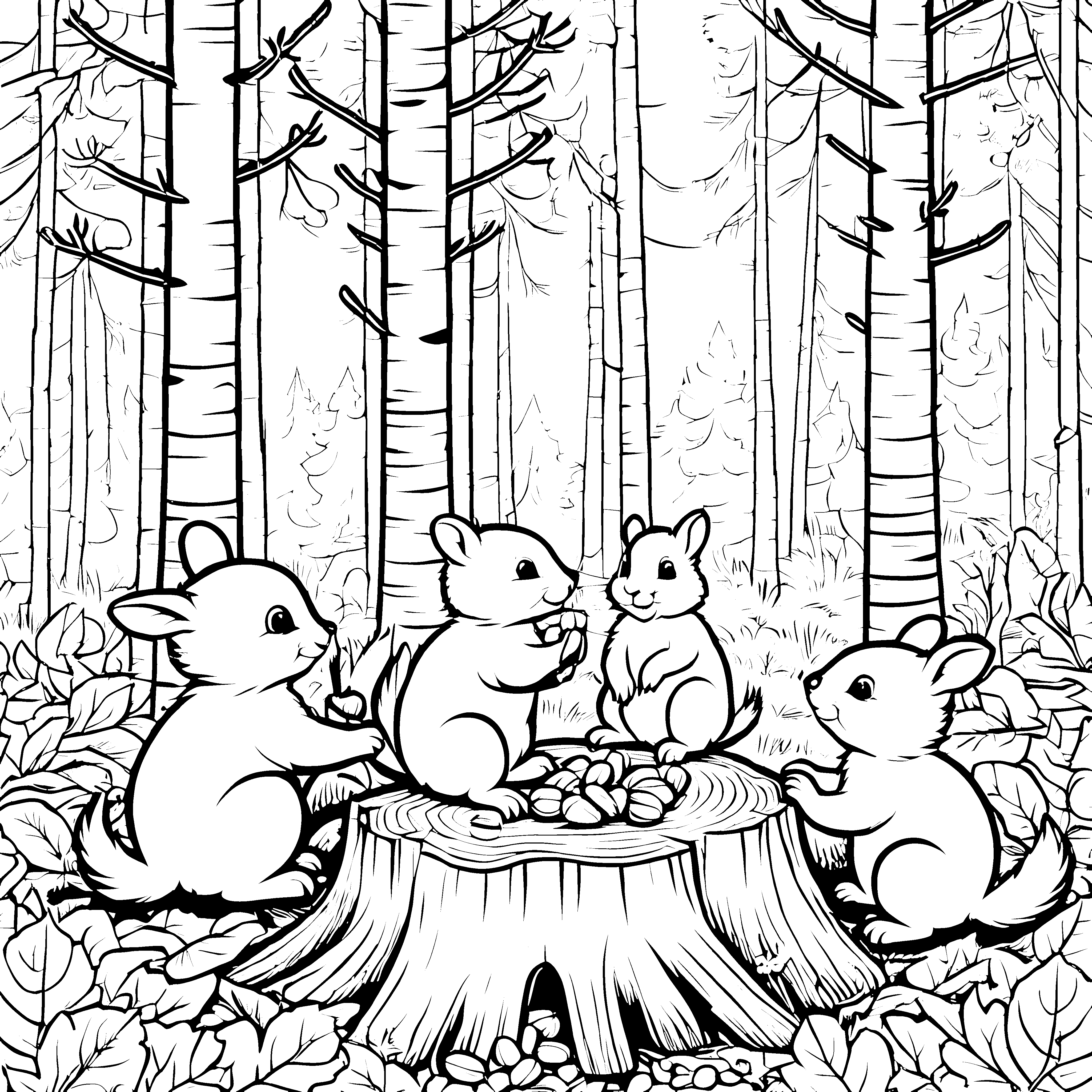 Flauschige Eichhörnchenbabys beim Nüsse-Sammeln Ausmalbild für kleine Entdecker