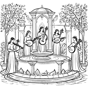 Bezaubernde Barden spielen fröhliche Melodien am Brunnen Ausmalvorlage für kreative Musikerfreunde