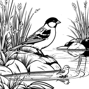 Fröhlicher Vogel beim Speisen seiner Küken Ausmalvorlage für kleine Naturentdecker