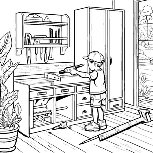 Kreativer Handwerker bei der Werkzeugsuche Ausmalbild für kleine Bastelmeister