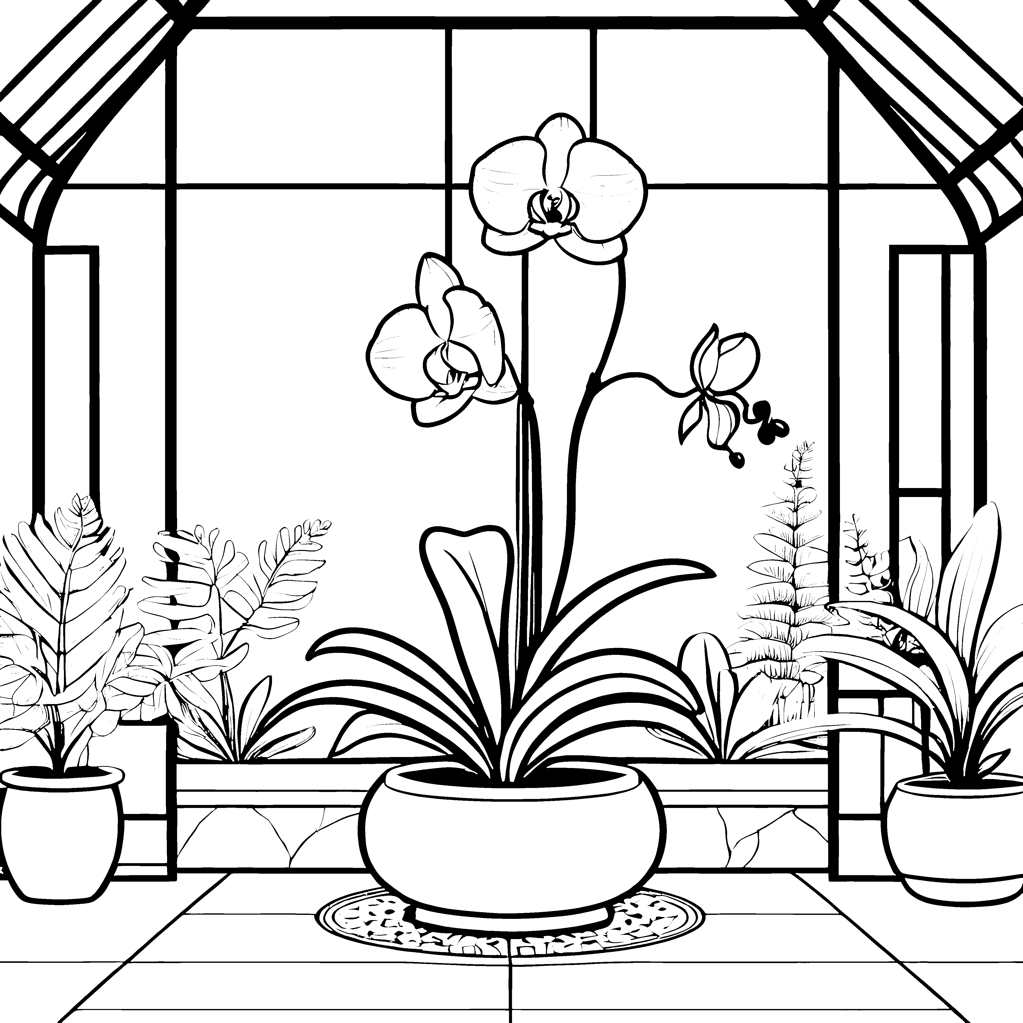 Elegante Orchideen im blühenden Gewächshaus Ausmalmotiv für neugierige Naturfreunde