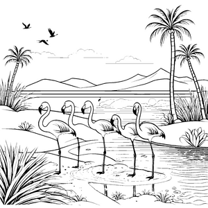 Vier elegante Flamingos am glitzernden Wasser Malvorlage für fantasievolle Tierfreunde