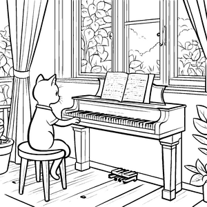 Kreative Katze spielt bezaubernde Melodien am Klavier Ausmalvorlage für musikalische Entdecker