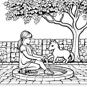 Fröhliches Fransenpony am spritzigen Brunnen Ausmalbild für kleine Tierliebhaber