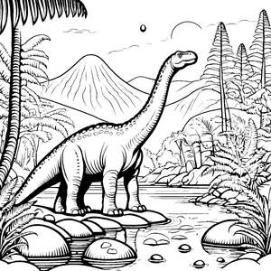 Majestätischer Brachiosaurus am gluckernden Wasserfall Ausmalvorlage für kleine Dino-Entdecker