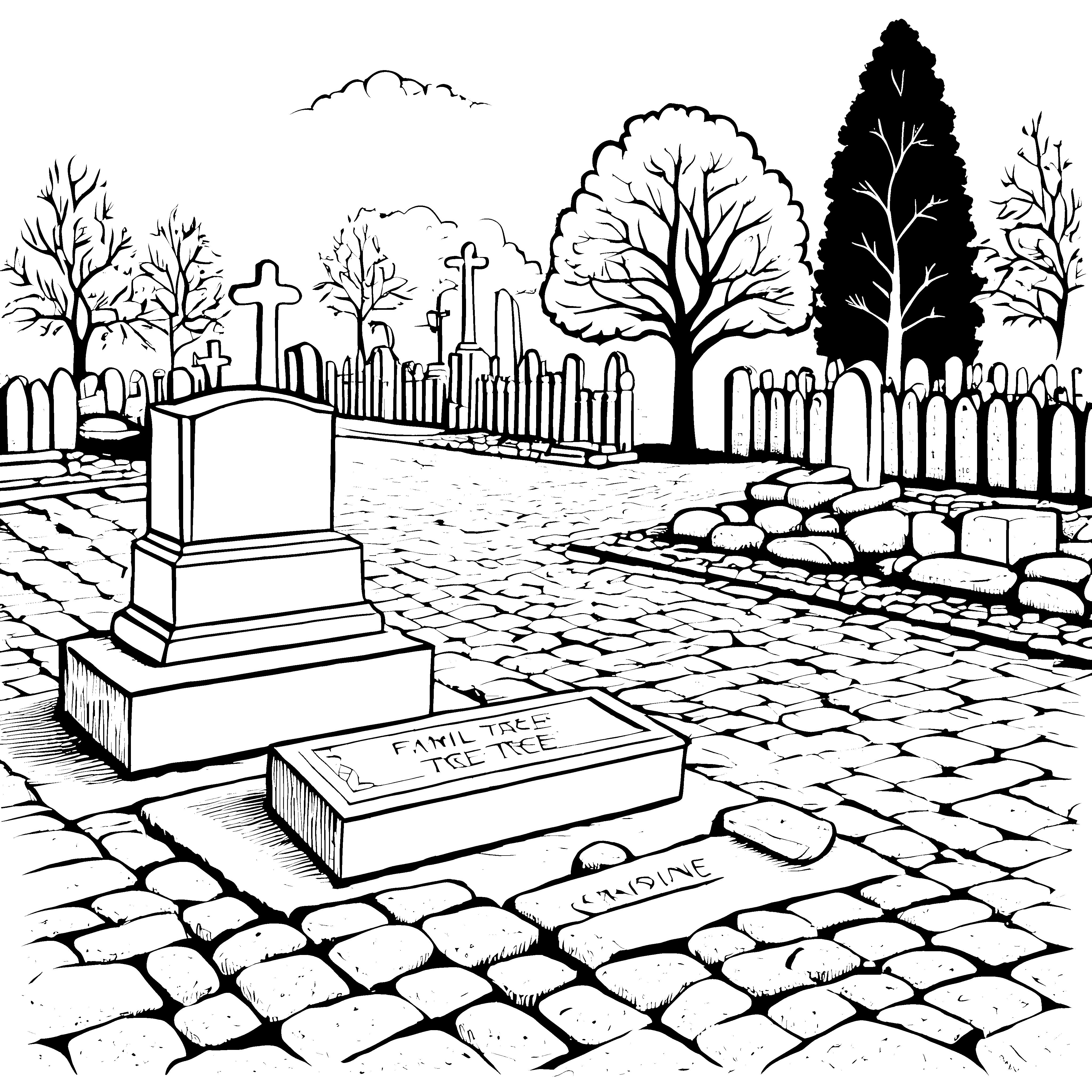 Historischer Friedhof mit alten Grabsteinen Ausmalbild für neugierige Geschichtsentdecker