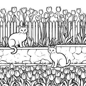 Zwei charmante Katzen zwischen bunten Tulpen Ausmalvorlage für fantasievolle Tierfreunde