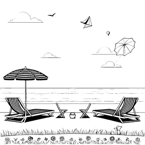 Entspannende Strandliege mit Sonnenschirm Ausmalbild für frohe Urlaubsträumer