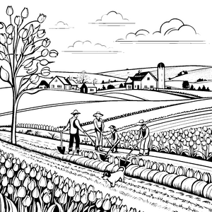 Fröhliche Familie bei der bunten Feldarbeit Ausmalmotiv für kleine Landwirte