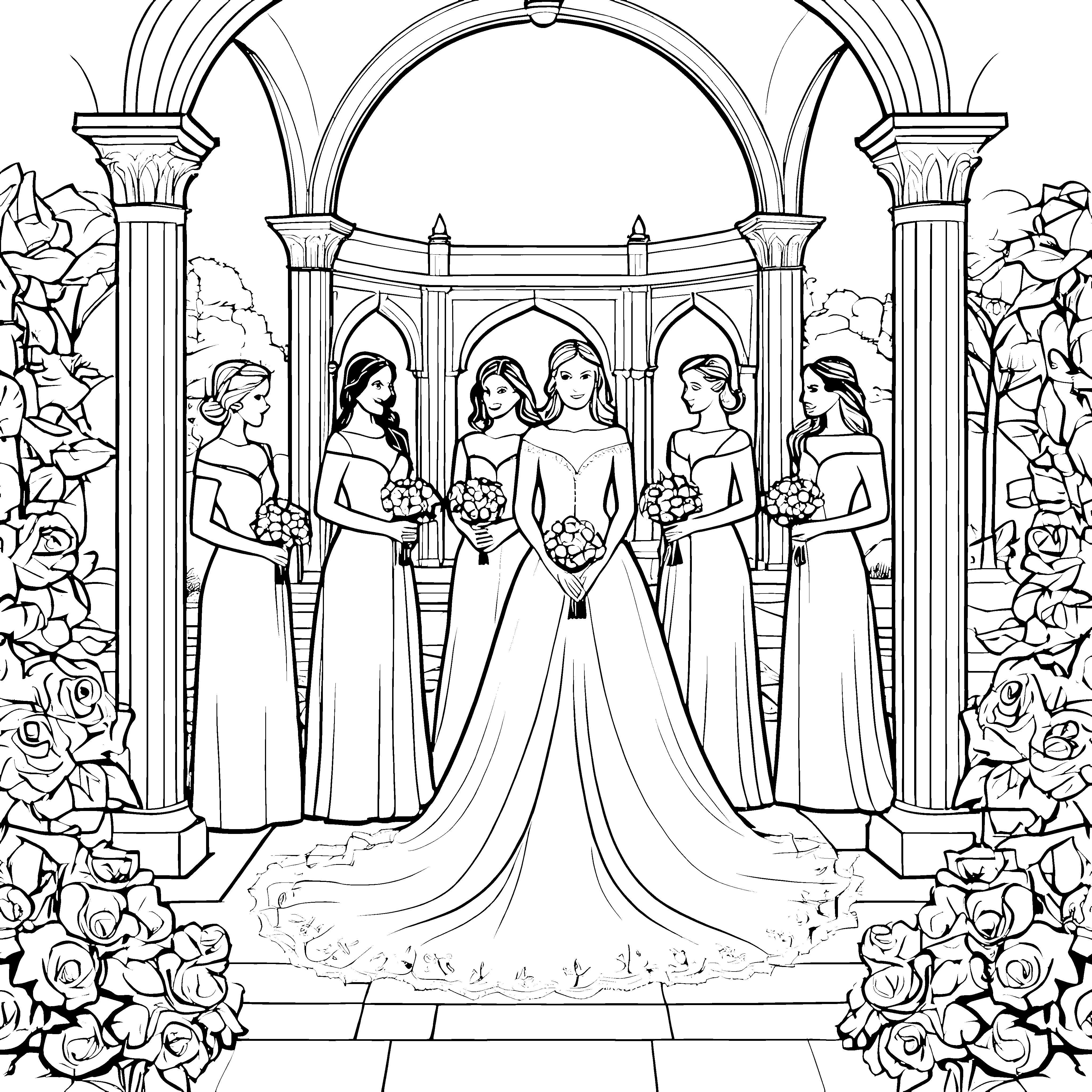 Elegantes Hochzeitskleid mit strahlenden Brautjungfern Ausmalvorlage für kreative Traumgestalter