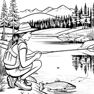 Faszinierendes Mädchen angelt am ruhigen See Malvorlage für kleine Naturentdecker
