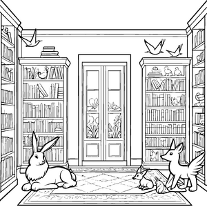 Fantasievoller Bücherschrank mit neugierigen Tieren Ausmalmotiv für wissbegierige Bücherfreunde