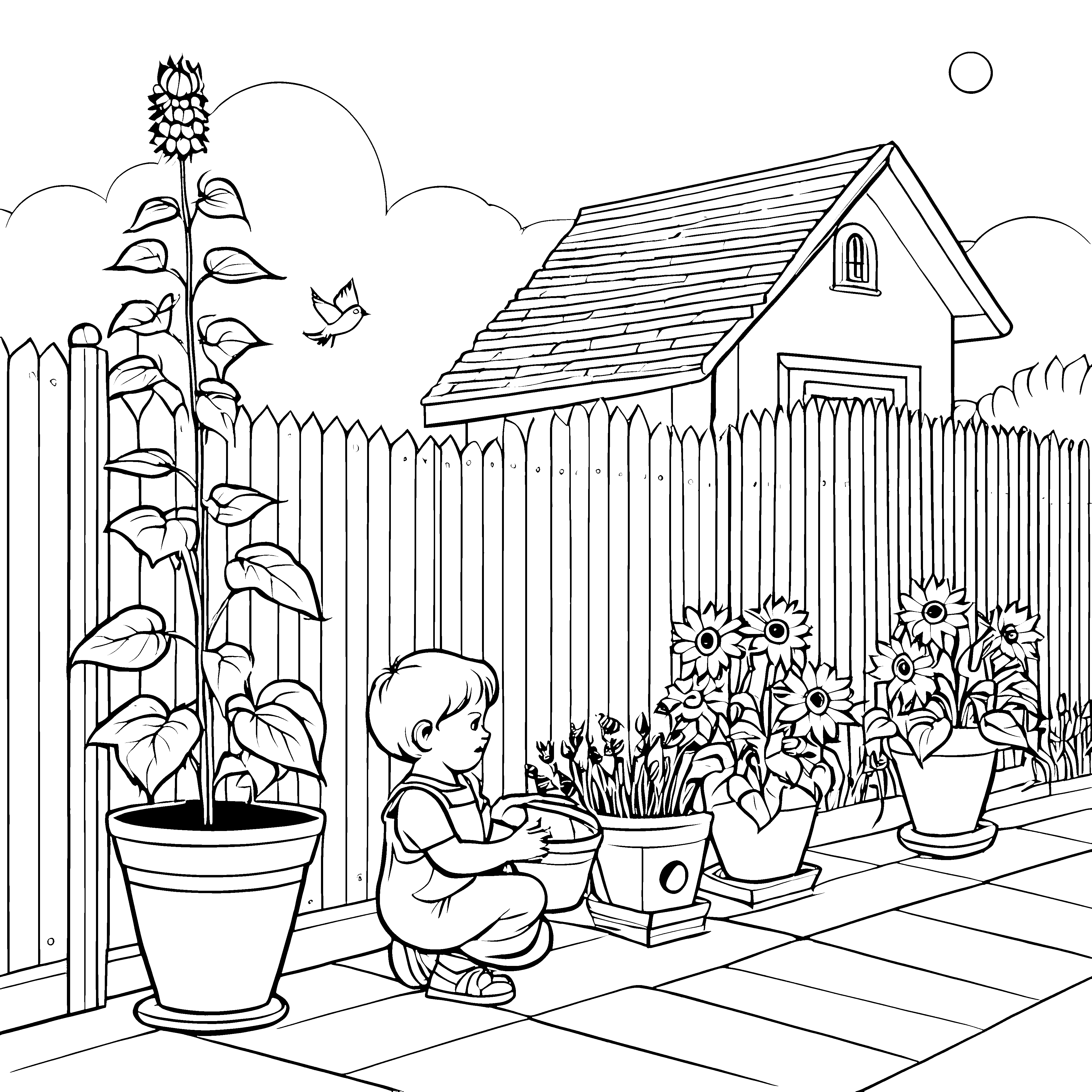 Blumige Gartenfreunde beim Pflegen der Pflanzen Ausmalbild für kleine Naturentdecker