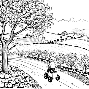 Apfelbaum-Rundfahrt mit fröhlichem Dreirad Ausmalbild für kleine Abenteuerlustige