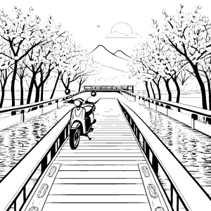 Romantische Mopedfahrt über malerische Brücke Ausmalvorlage für abenteuerlustige Fahrtenthusiasten