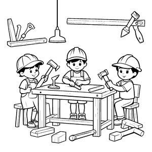 Kreative Handwerker beim spannenden Tischlerprojekt Ausmalbild für neugierige Bastelfreunde