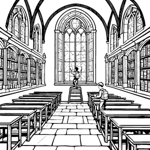 Faszination für Bücher in der geheimnisvollen Bibliothek Ausmalvorlage für wissbegierige Entdecker