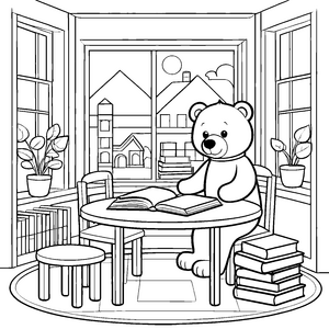 Gemütlicher Bär liest spannendes Buch Ausmalbild für träumende Köpfe