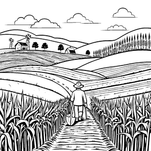 Grünes Maisfeld mit fleißigem Landwirt Ausmalmotiv für abenteuerlustige Naturentdecker