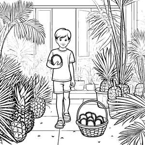 Fröhlicher Junge mit leckerer Durian Malvorlage für kleine Entdecker