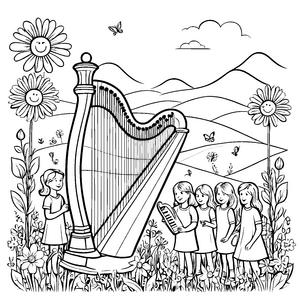 Harmonische Harfe umgeben von fröhlichen Blumen Ausmalbild für kleine Musikzauberer