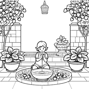 Süße Erdbeeren und sprudelnder Brunnen Ausmalbild für kleine Gemüsehändler
