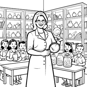 Begeisternde Lehrerin mit spannenden Experimenten Malvorlage für neugierige kleine Forscher